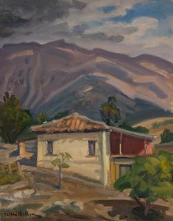 Kastania, Houses, Mountains — Oil painting, Canvas, 40.00×50.00cm — Theodoros Markellos
